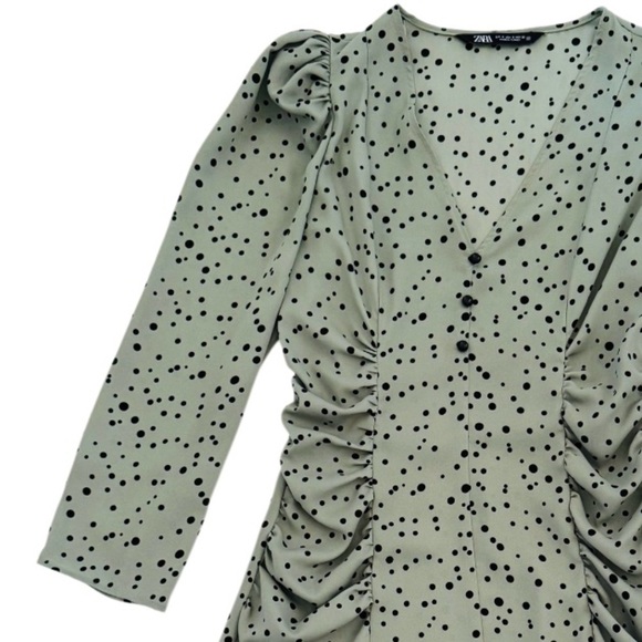 Zara Black Polka Dot V-Neck Long Sleeve Sage Mini Short Dress, Mint Green,Size S - Picture 12 of 15